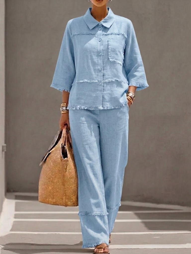 🎁New Arrivals🔥Casual Frayed-hem Linen And Cotton Shirt And Pants Two-piece Set