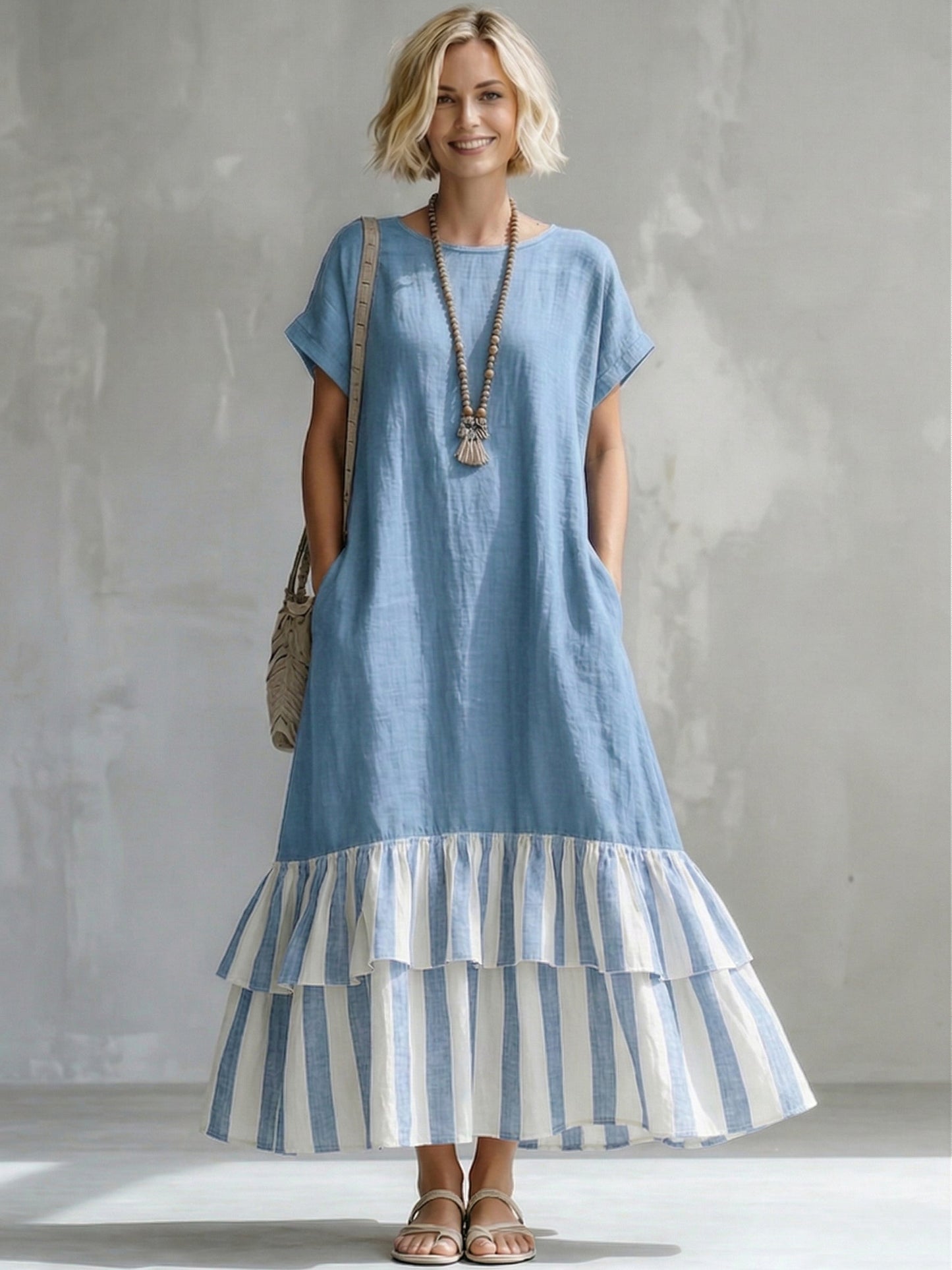 🎁New Arrivals🔥Cozy Striped Patchwork Ruffled Loose Cotton-linen Maxi Dress