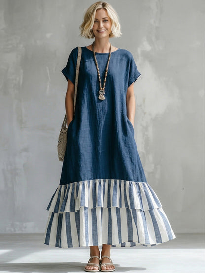 🎁New Arrivals🔥Cozy Striped Patchwork Ruffled Loose Cotton-linen Maxi Dress