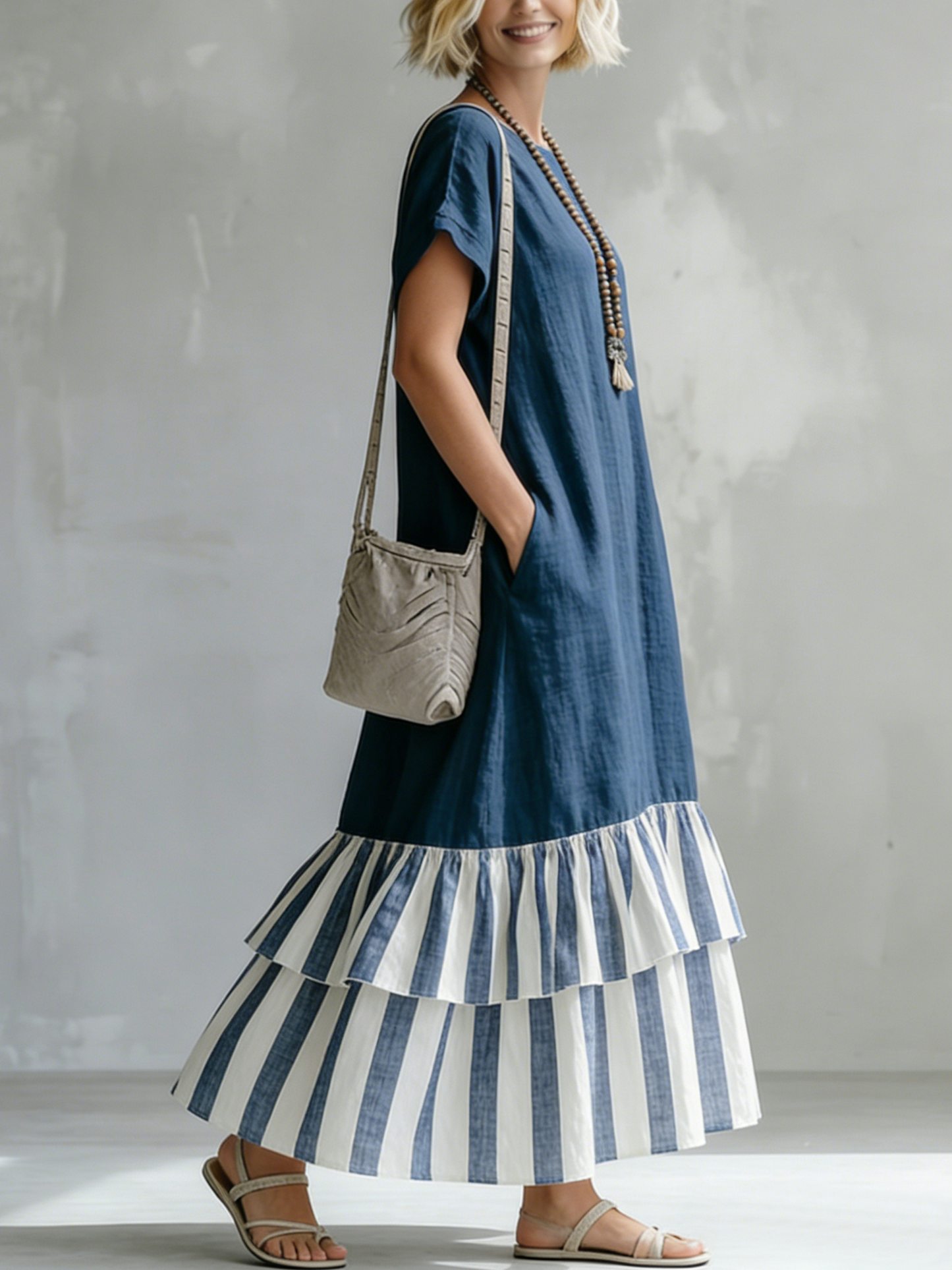 🎁New Arrivals🔥Cozy Striped Patchwork Ruffled Loose Cotton-linen Maxi Dress